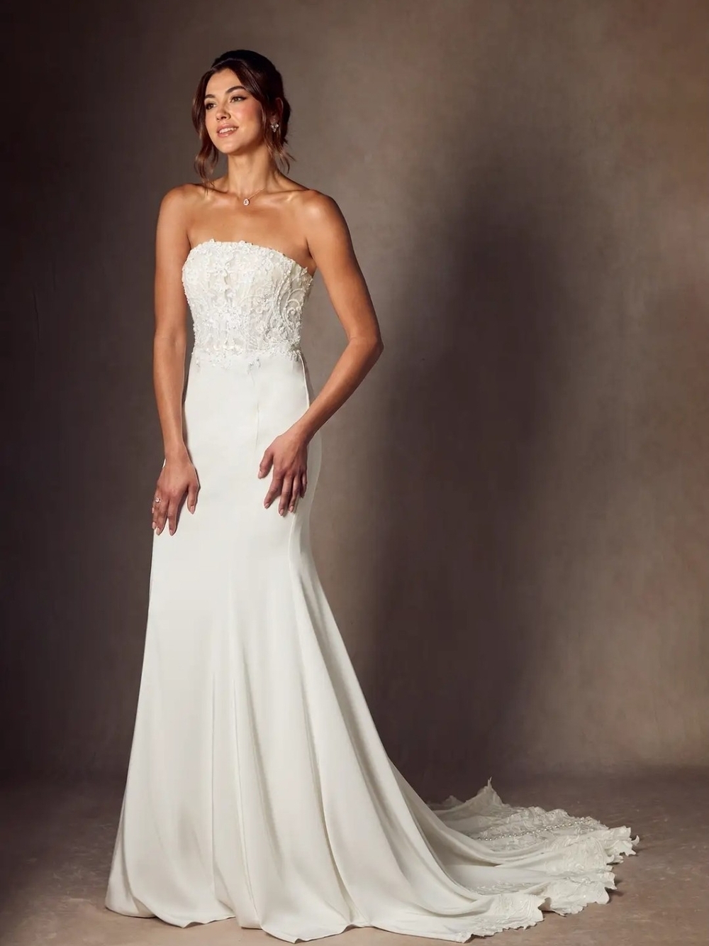 Azazie Lewena Strapless Ivory Lace Bodice Wedding Dress Size 4 Nwt